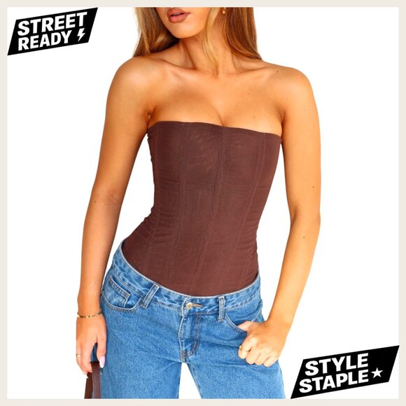 Strapless Mesh Bustier Corset Top with Boning Back Zipper Hourglass Shape